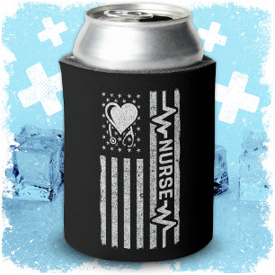 US American Flag Hero Heart Nurse Appreciation Can Cooler
