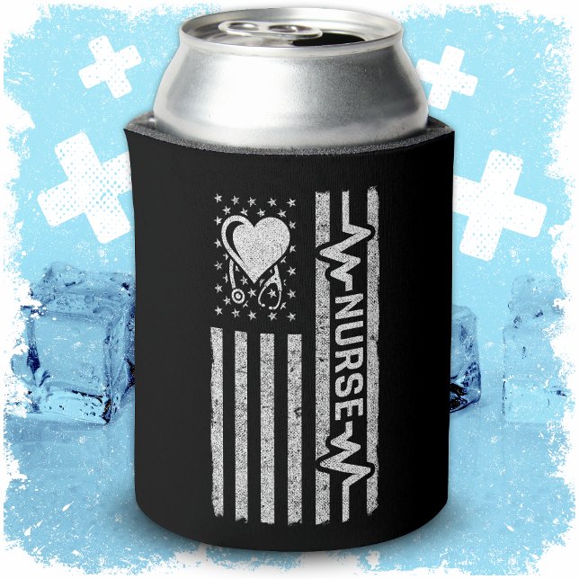 US American Flag Hero Heart Nurse Appreciation Can Cooler (Creator Uploaded)