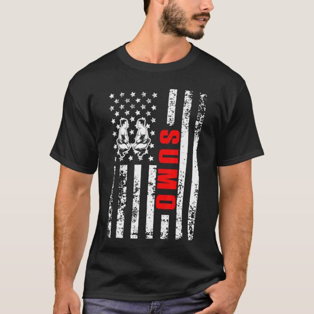 US American Flag Japanese Sports Patriotic Sumo fa T-Shirt (Front)