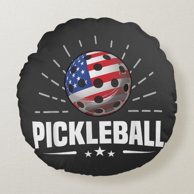 US American Flag Pickleball Player Round Cushion (Front)