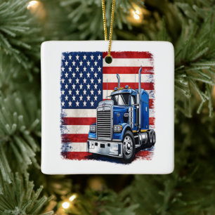 US American Flag Semi Truck Driver Ceramic Ornament