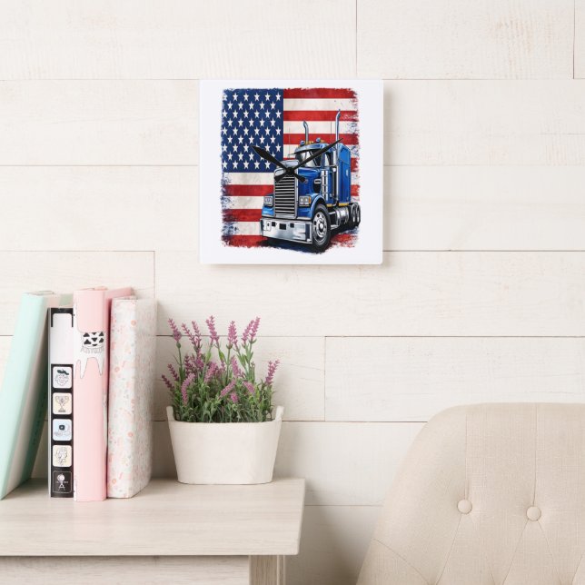 US American Flag Semi Truck Driver Square Wall Clock (Reading Room)