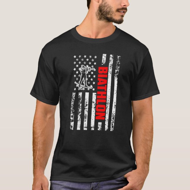 US American Flag Sports Patriotic Biathlon Premium T-Shirt (Front)