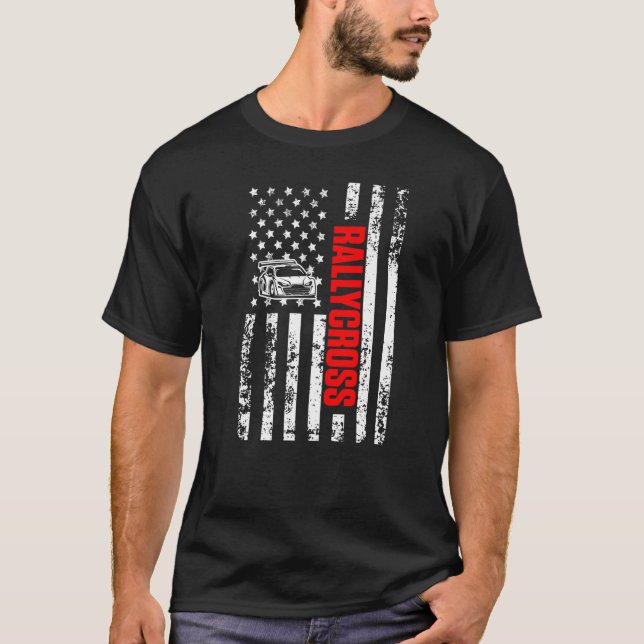 US American Flag Sports Patriotic Racing Rallycros T-Shirt (Front)
