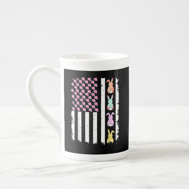 US American Flag with Bunny for Easter Day Bone China Mug (Left)