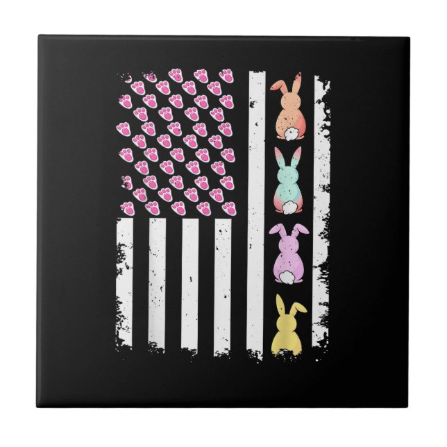 US American Flag with Bunny for Easter Day Ceramic Tile (Front)