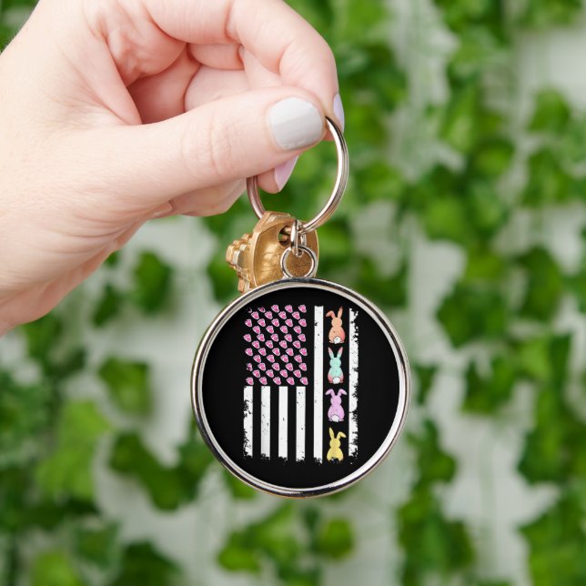 US American Flag with Bunny for Easter Day Key Ring (Hand)