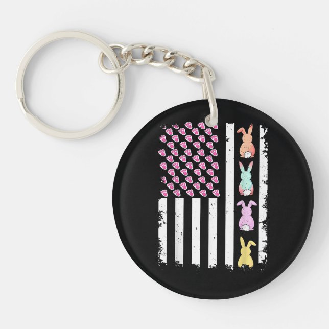 US American Flag with Bunny for Easter Day Key Ring (Front)