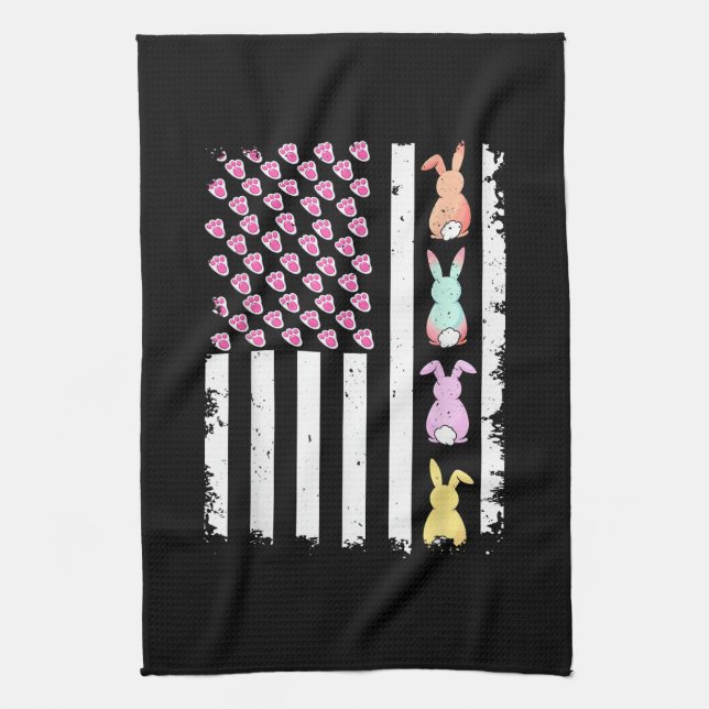 US American Flag with Bunny for Easter Day Tea Towel (Vertical)