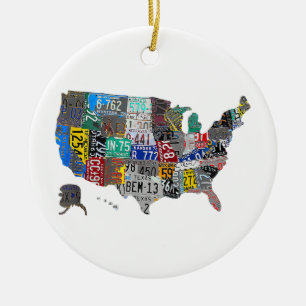 US American United States Map Flag License Plate  Ceramic Ornament
