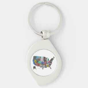 US American United States Map Flag License Plate Key Ring