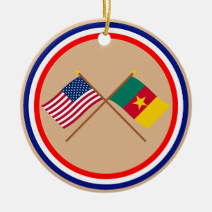 US and Cameroon Crossed Flags Ceramic Tree Decoration