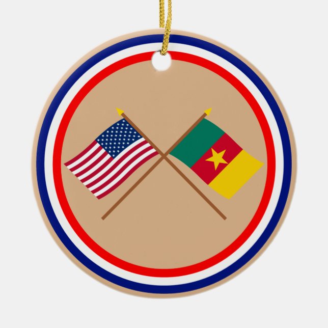 US and Cameroon Crossed Flags Ceramic Tree Decoration (Front)
