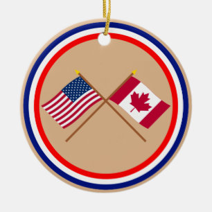 US and Canada Crossed Flags Ceramic Tree Decoration
