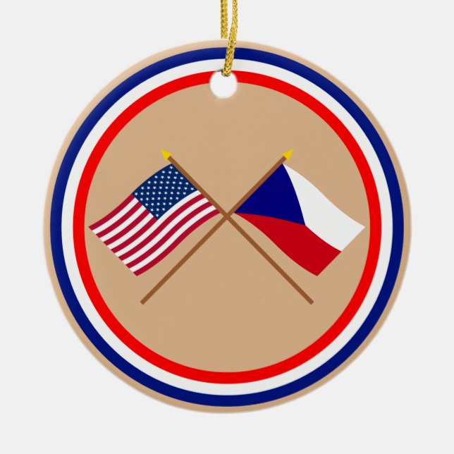 US and Czech Republic Crossed Flags Ceramic Tree Decoration (Front)