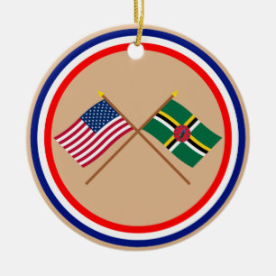 US and Dominica Crossed Flags Ceramic Tree Decoration