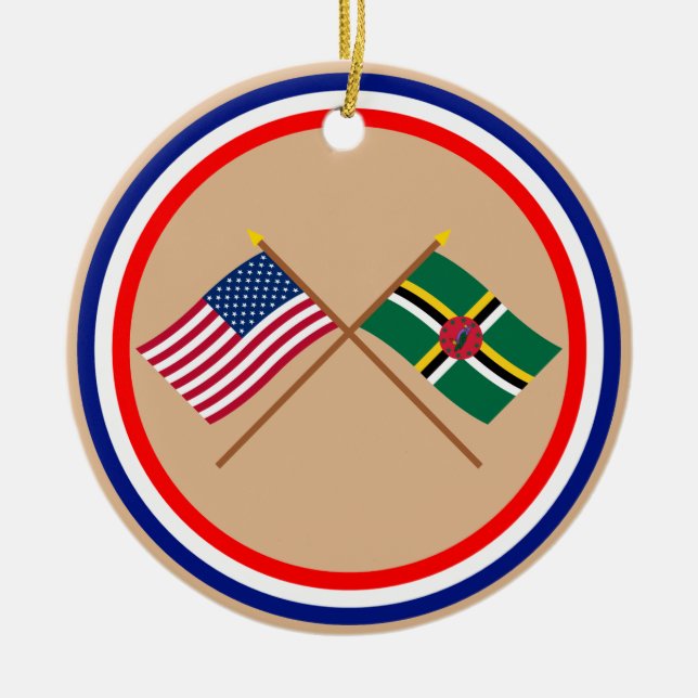 US and Dominica Crossed Flags Ceramic Tree Decoration (Front)