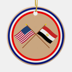 US and Egypt Crossed Flags Ceramic Tree Decoration