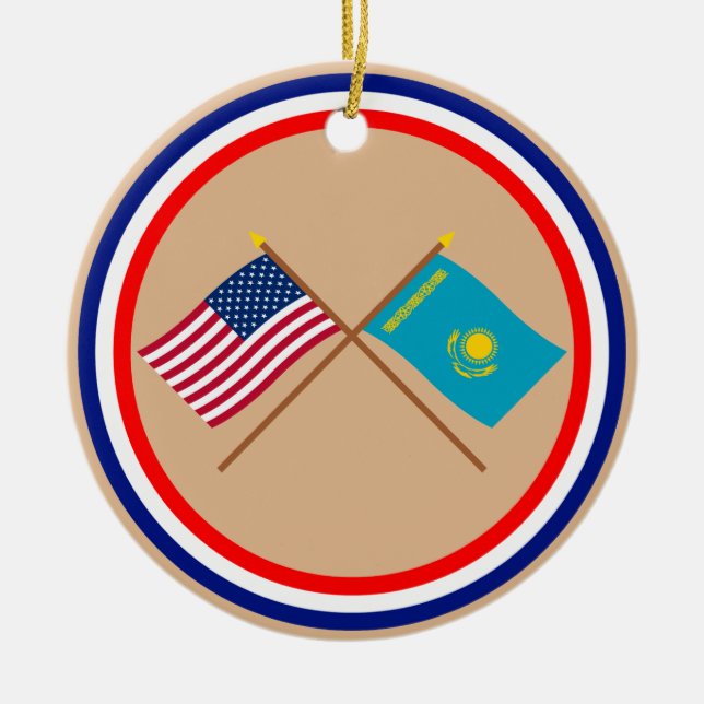 US and Kazakhstan Crossed Flags Ceramic Tree Decoration (Front)