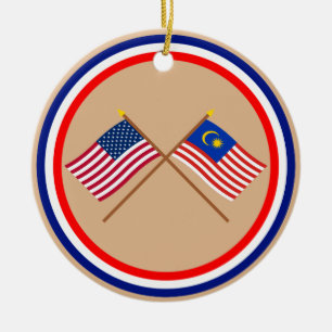 US and Malaysia Crossed Flags Ceramic Tree Decoration