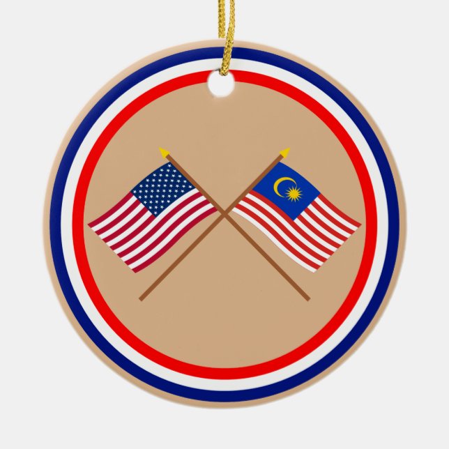 US and Malaysia Crossed Flags Ceramic Tree Decoration (Front)