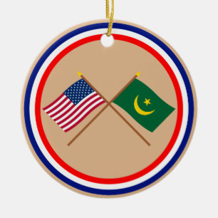 US and Mauritania Crossed Flags Ceramic Tree Decoration