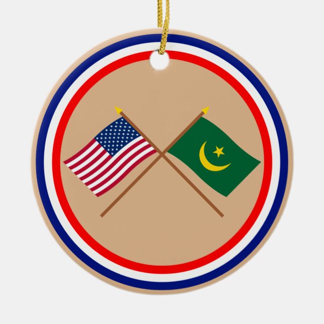 US and Mauritania Crossed Flags Ceramic Tree Decoration (Front)