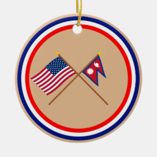 US and Nepal Crossed Flags Ceramic Tree Decoration