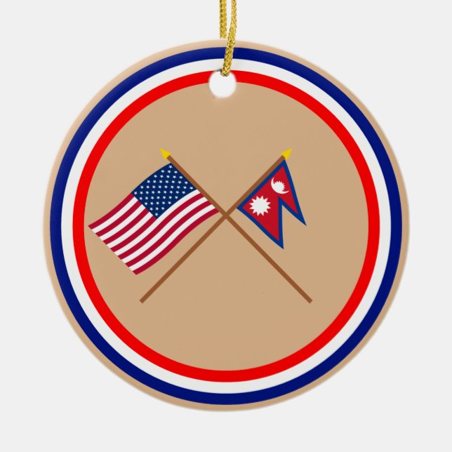 US and Nepal Crossed Flags Ceramic Tree Decoration (Front)