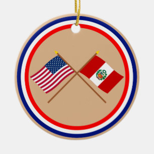 US and Peru Crossed Flags Ceramic Tree Decoration