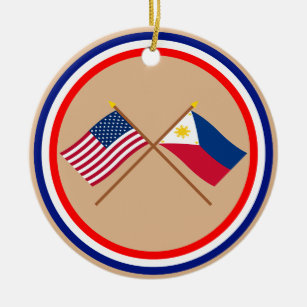 US and Philippines Crossed Flags Ceramic Tree Decoration