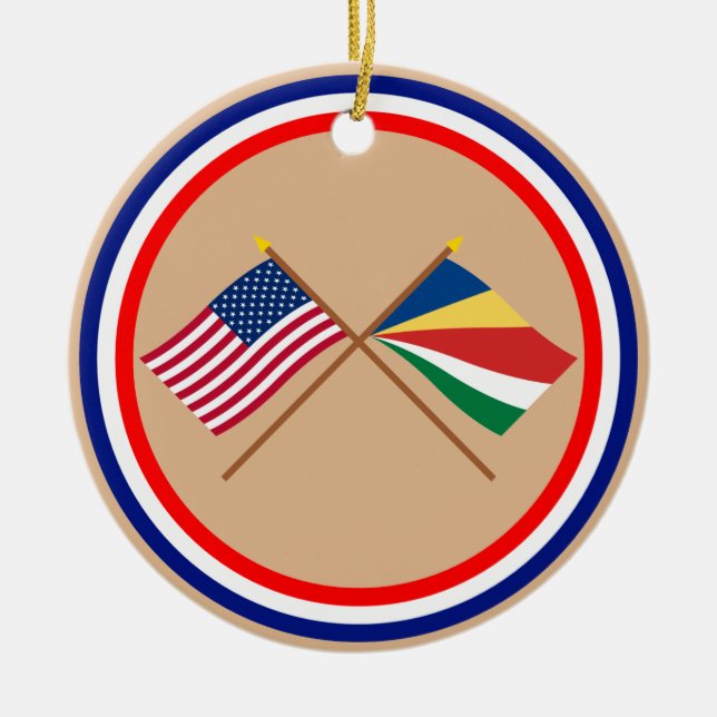 US and Seychelles Crossed Flags Ceramic Tree Decoration (Front)