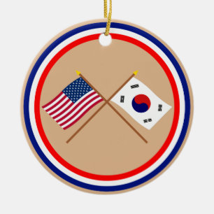 US and South Korea Crossed Flags Ceramic Tree Decoration