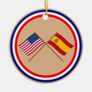 US and Spain Crossed Flags Ceramic Ornament