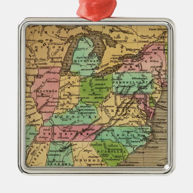US, Canada Hand Coloured Atlas Map Metal Ornament (Front)