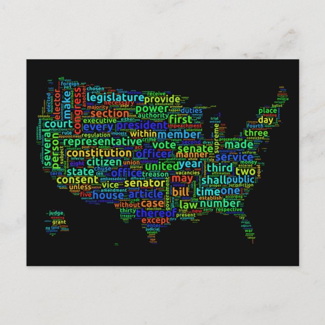 US Constitution Word Cloud Map on Black Background Postcard (Front)