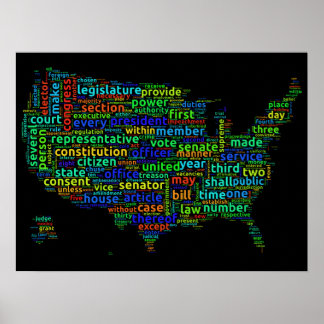US Constitution Word Cloud Map on Black Background Poster