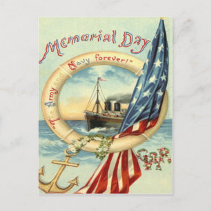 US Flag Anchor Flowers Life Preserver Postcard