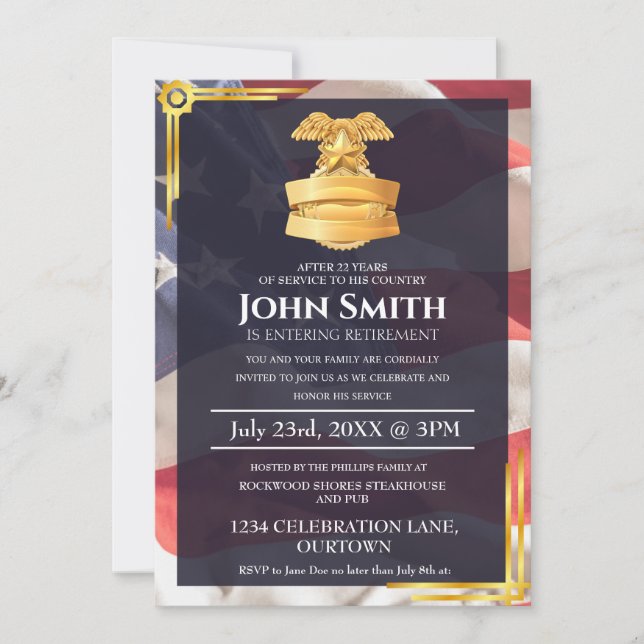 US Flag | Badge Shield Military Retirement Party  Invitation (Front)
