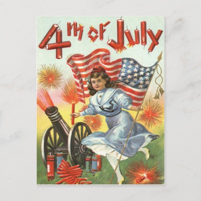 US Flag Cannon Girl Fireworks Firecracker Postcard (Front)