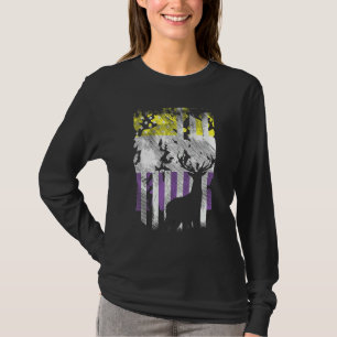 Us Flag Deer Hunting Nonbinary Enby Nb Pride Lgbtq T-Shirt