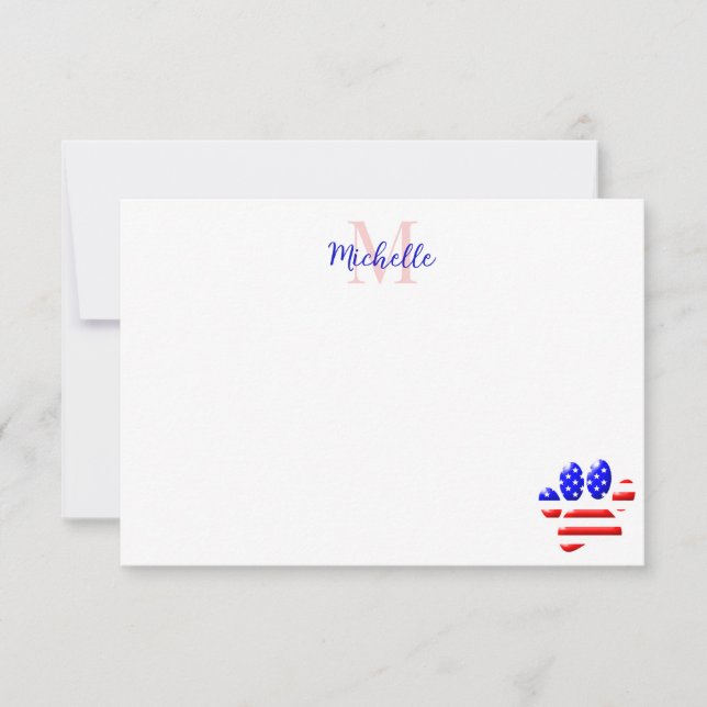 US Flag Dog Paw Print Monogram Card (Front)