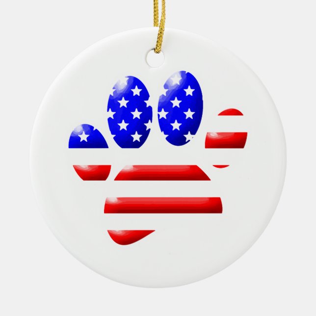 US Flag Dog Paw Print Red And White Ceramic Ornament (Front)