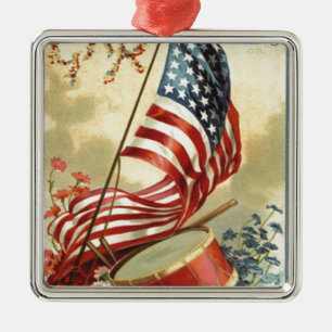 US Flag Drum Forget Me Nots Flowers Metal Ornament