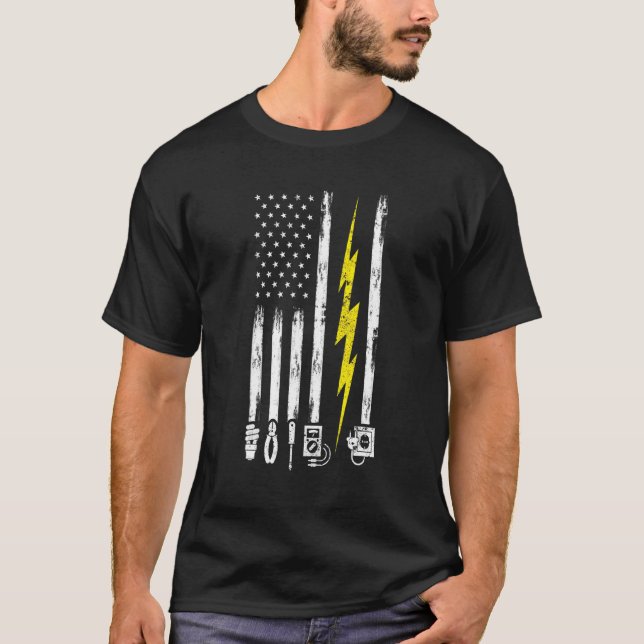 Us Flag Electrical Bolt Electrician Tools T-Shirt (Front)