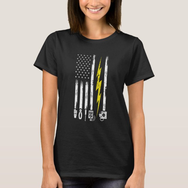 Us Flag Electrical Bolt Electrician Tools T-Shirt (Front)