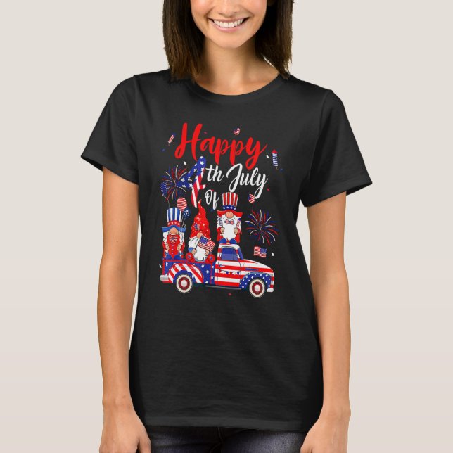 Us Flag Firework Three Gnomes 4th Of July Independ T-Shirt (Front)