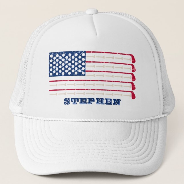 US Flag Golf Club Name Trucker Hat (Front)