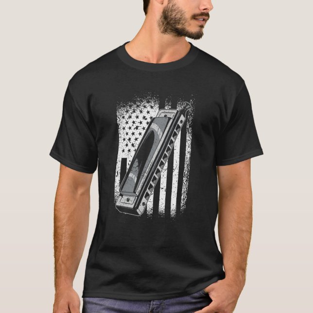 Us Flag Harmonica Player  1 T-Shirt (Front)