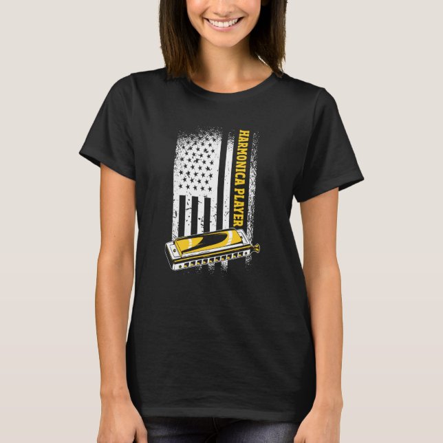 US Flag Harmonica Player T-Shirt (Front)